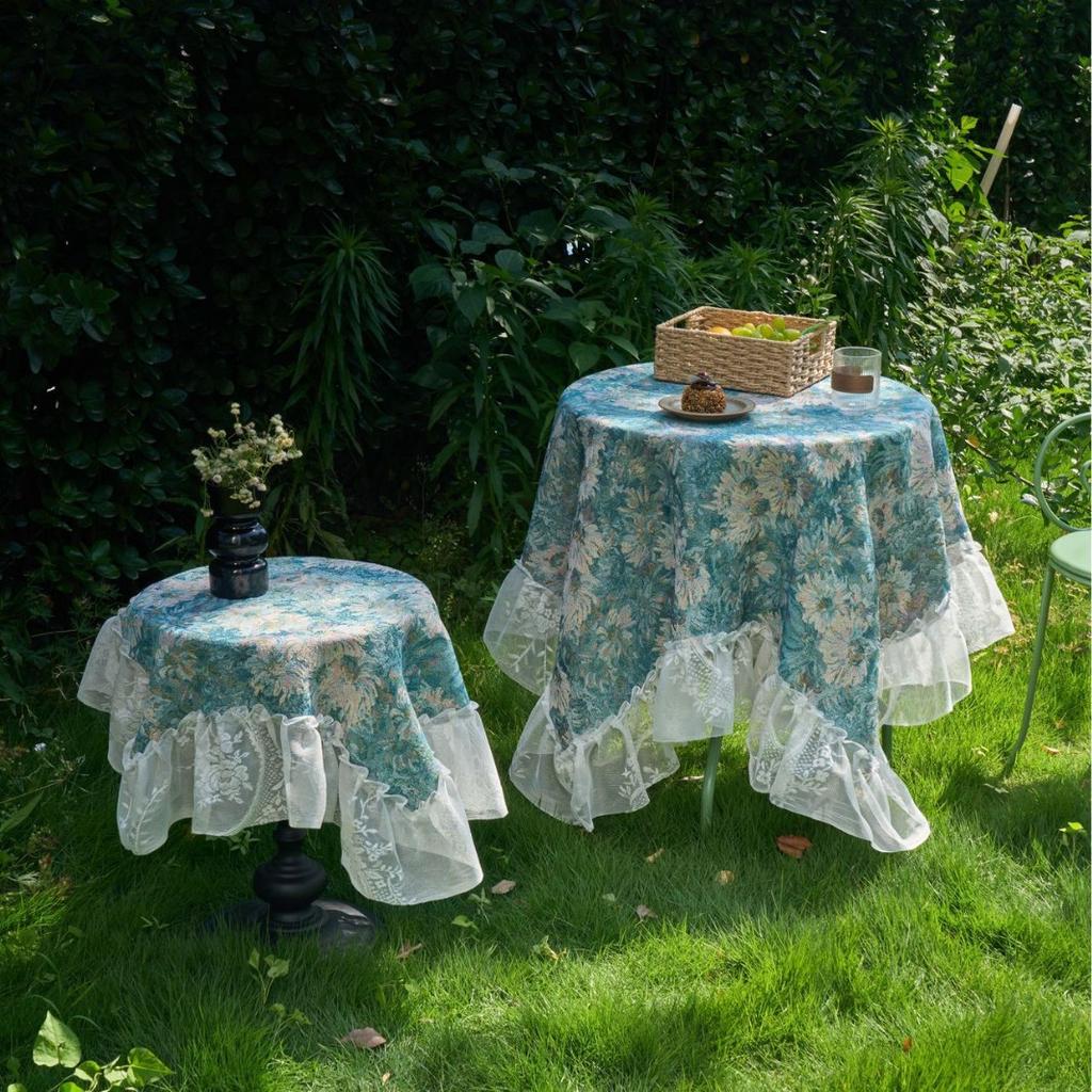 Fabric Tablecloth Lace Ruffle Edge European Classical Blue Monet Oil Painting Jacquard Coffee Table Cover