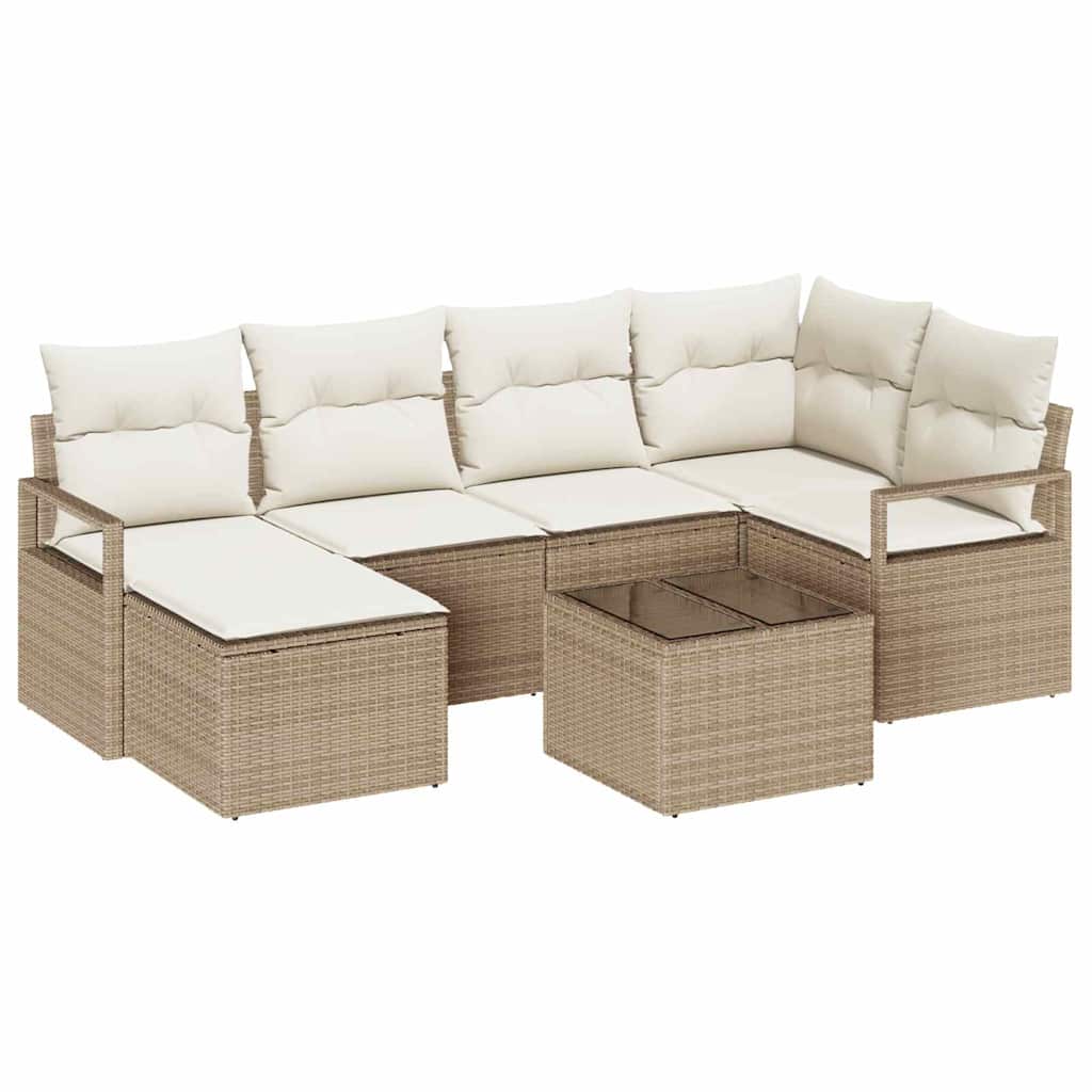 7 Piece Sofa Set with Cushions in Beige and Cream Poly Rattan