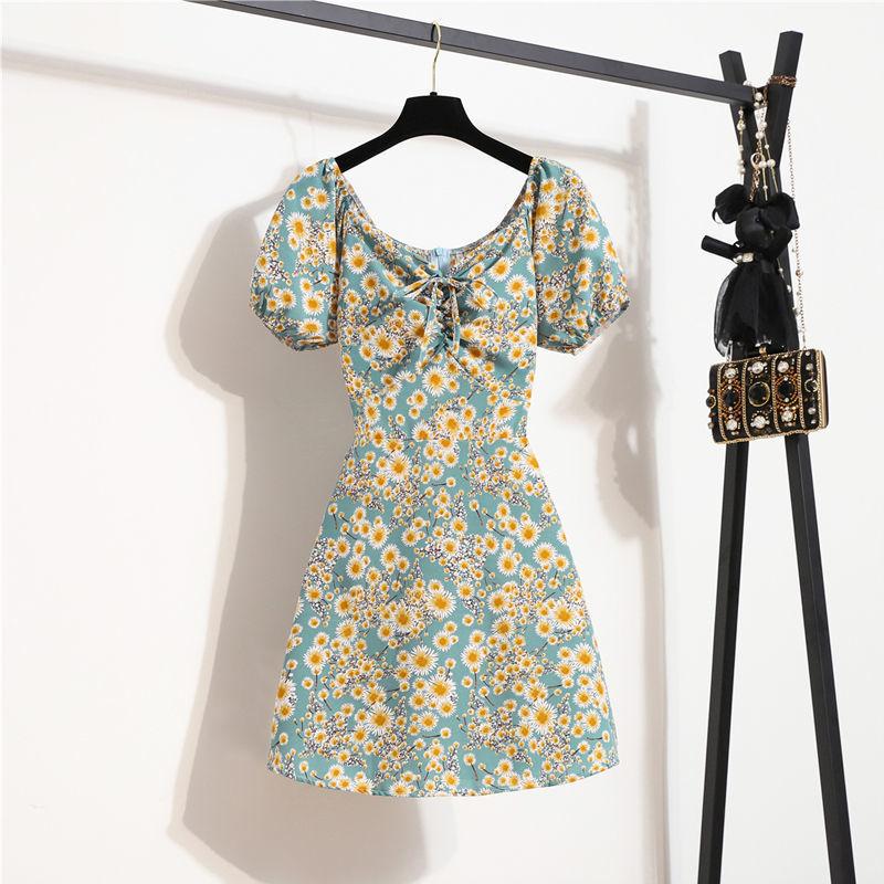 Женская мода лето весна цветочный принт с коротким рукавом V-образным вырезом с высокой талией повседневные платья