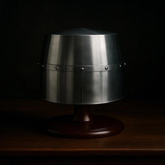 Great Crusader Helmet with Stand, Medieval Templar Helmet with Brass Cross, 18th Century Steel Armor