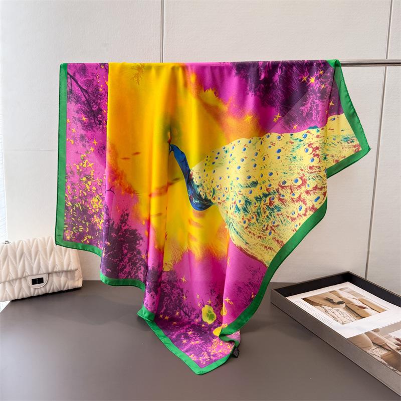 Peacock Beautiful Satin Imitation Silk Printing Large Square Scarf Silk Scarf Shawl Headscarf Neck Protection Scarf