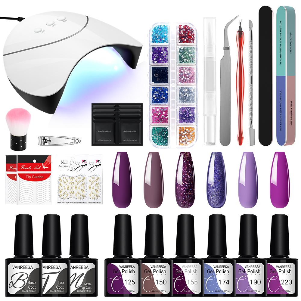 VANREESA Набор гель-лаков для ногтей с лампой для сушки ногтей мощностью 36 Вт, 6 шт., замачиваемый УФ-светодиодный полупостоянный набор гелей для ногтей, набор инструментов для дизайна ногтей