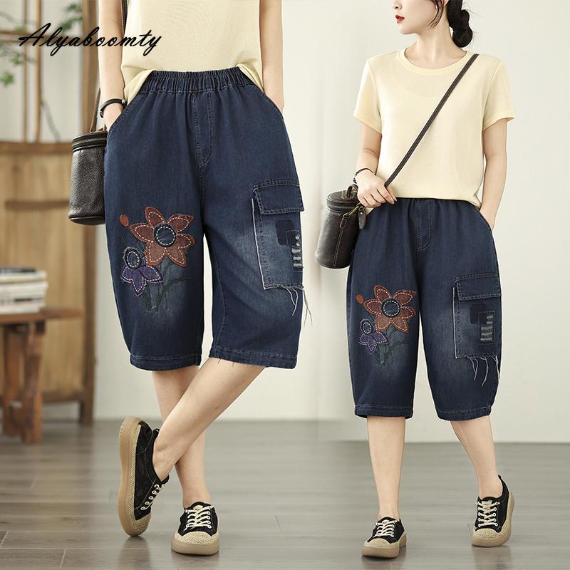 Korean Style Summer Women Denim Capris High Waist Floral Embroidery Patchwork Casual Loose Jeans Basic Blue Ladies' Streetwear Short Jeans