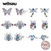 WOSTU 100% 925 Sterling Silver Rainbow Insect Bee Beetle Spider Butterfly Dragonfly Stud Earrings For Women Fine Jewelry Gifts