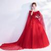 Bride Married Banquet Red Evening Dress Boat Neck Cape Lace Flower Long Prom Party Formal Gown