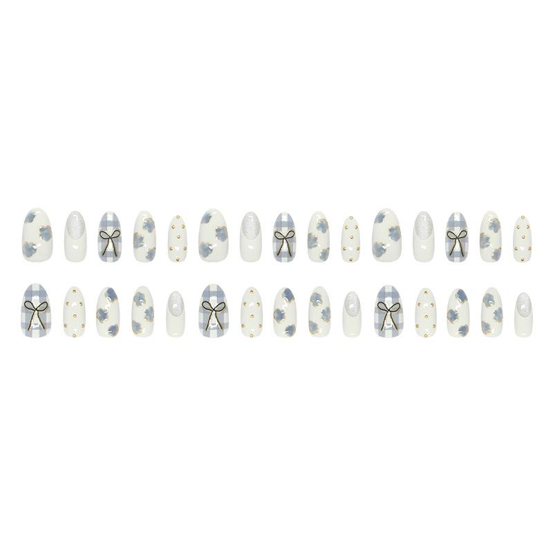 30Pcs 3D Cat Eye Misty Blue Plaid Press‑on Nails, Gold‑Foil Flower Design, Ins Style Reusable False Nails