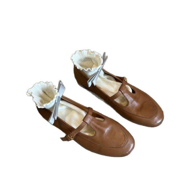 Версия из мягкой кожи~ новые лоферы на низком каблуке для женщин, весна, с Т-образной застежкой, маленькие кожаные туфли, ретро, удобные туфли-одинарки