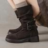 Коровья замша нубук зимние с круглым носком современные ботинки средний каблук слипоны плиссированный стиль металлическая пряжка ботинки до середины икры