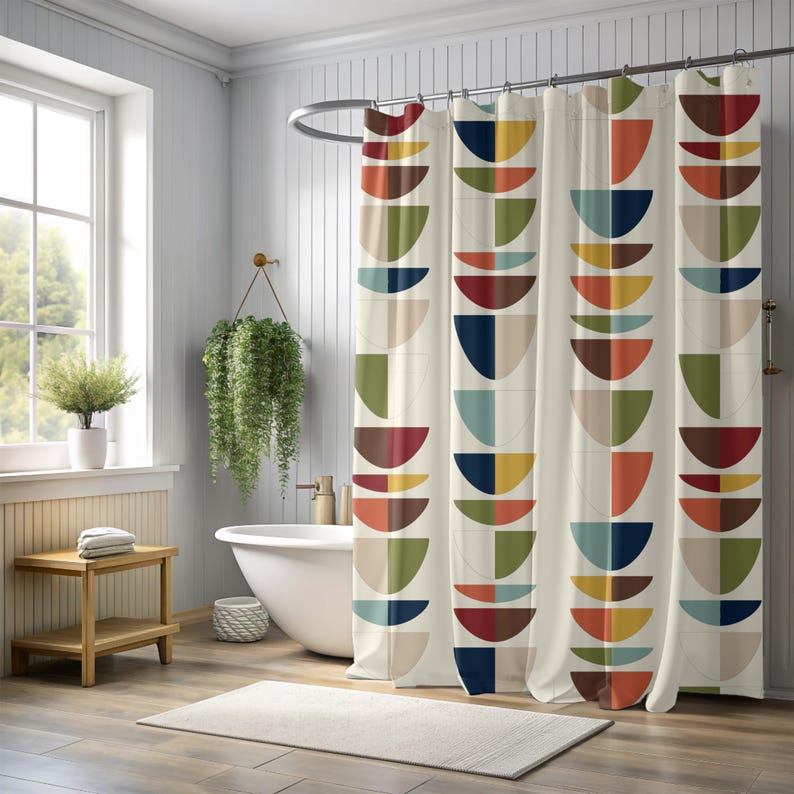 Шторка для душа в стиле Mid-Century Modern - Ретро Геометрия, 50-е MCM, Бирюзовый, Зеленый, Горчичный и Ржавый, Оригинальный Декор для Ванной