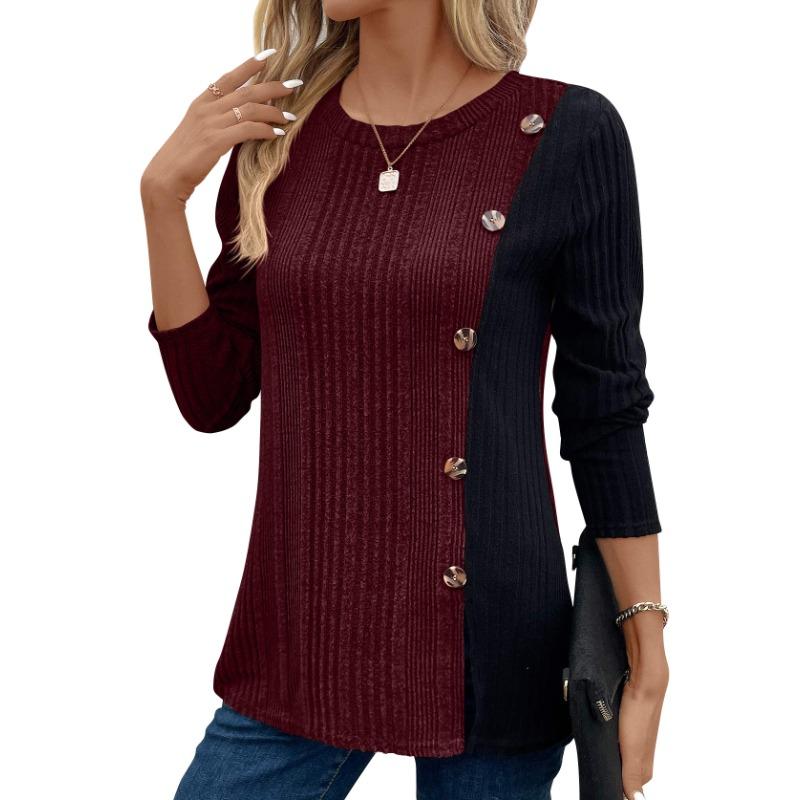 Весенне-осенний женский вязаный топ с цветными блоками и пуговицами, повседневная блузка с длинными рукавами и разрезом