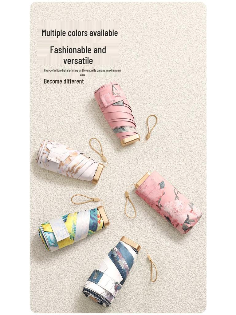 Oil Painting Capsule Umbrella: Five-Fold Mini, Sunny and Rainy Dual-Use, Sunscreen Sunshade with Print Logo