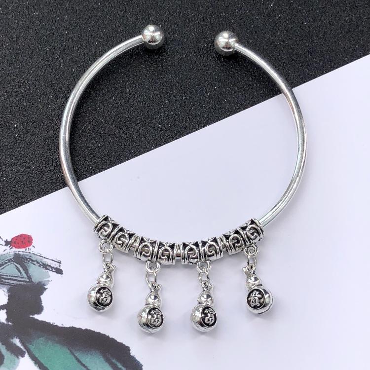 Retro Ethnic Style Tibetan Silver Bracelet Women's Versatile Fashion Bell Flower Pendant Adjustable Bracelet with Accessories