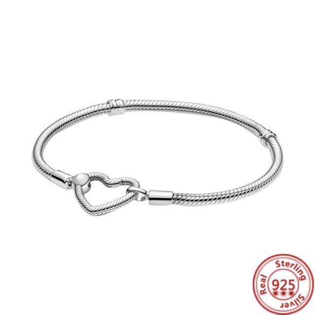 New 925 Sterling Silver Classic Heart Snake Chain Bracelet DIY Fit Secure Bead Charms Bracelet For Women Girls Jewelry Gift