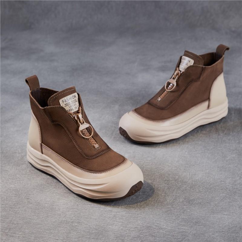 Johnature Ботильоны из натуральной кожи в ретро-стиле на толстой подошве с передней молнией, повседневная обувь на плоской платформе