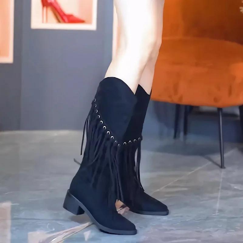 Fashion Luxury Shoes for Women 2024 Fashion Bohemia Knee-length Women's Boots New Pointed Tassels Faux Suede Boots Ladies Platform Shoes
