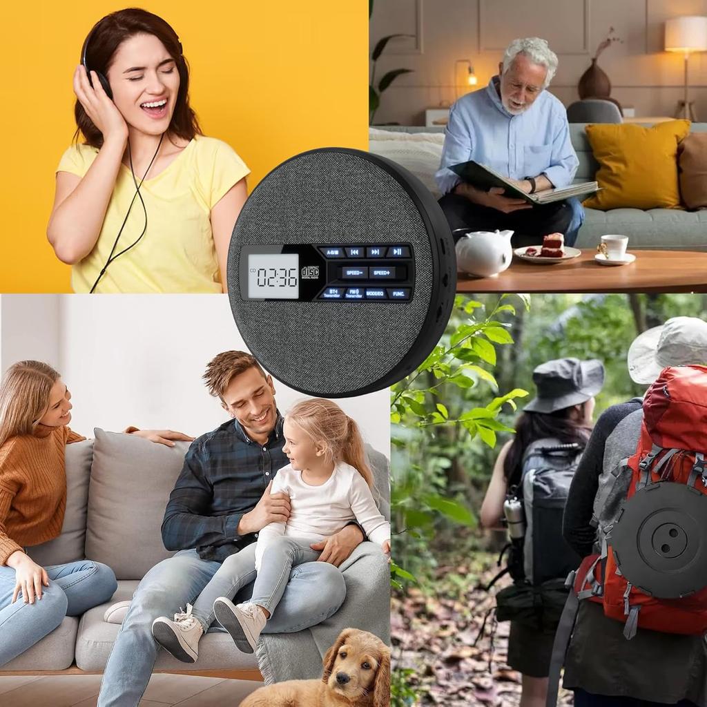 Перезаряжаемый портативный CD-плеер с двумя динамиками и функцией Anti Skip, CD, Dual Bluetooth, FM-передача, USB, AUX, ЖК-дисплей, кнопка с подсветкой, повтор