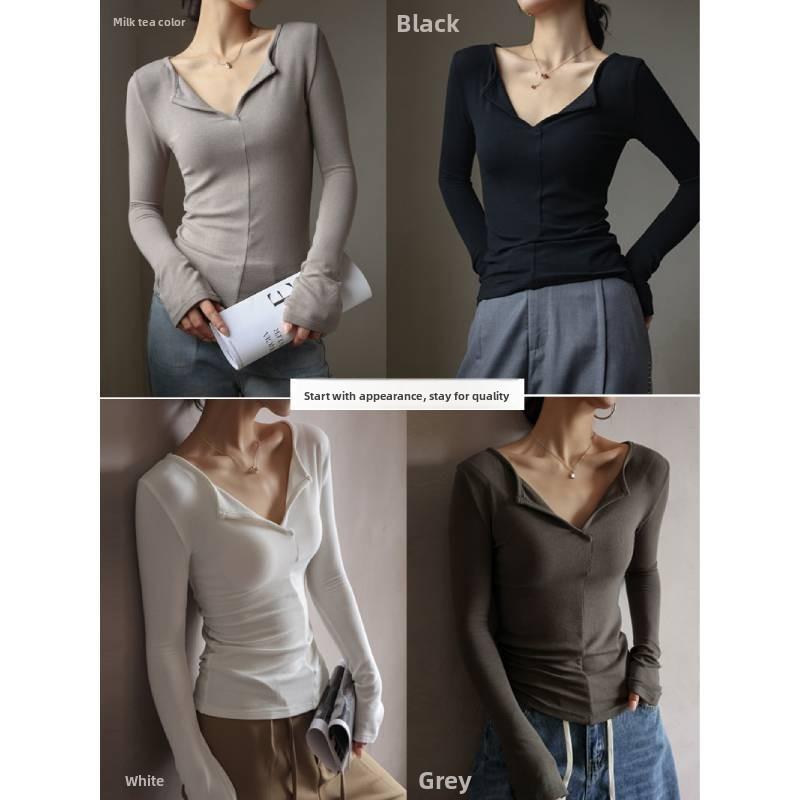 Minimalist Modale V Neck T Shirt For Women With Snake Bone Pattern For Autumn Winter Casual Wear