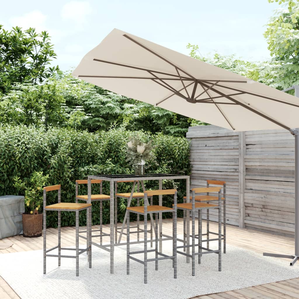 7 Piece Outdoor Bar Set Grey Poly Rattan & Solid Acacia Wood