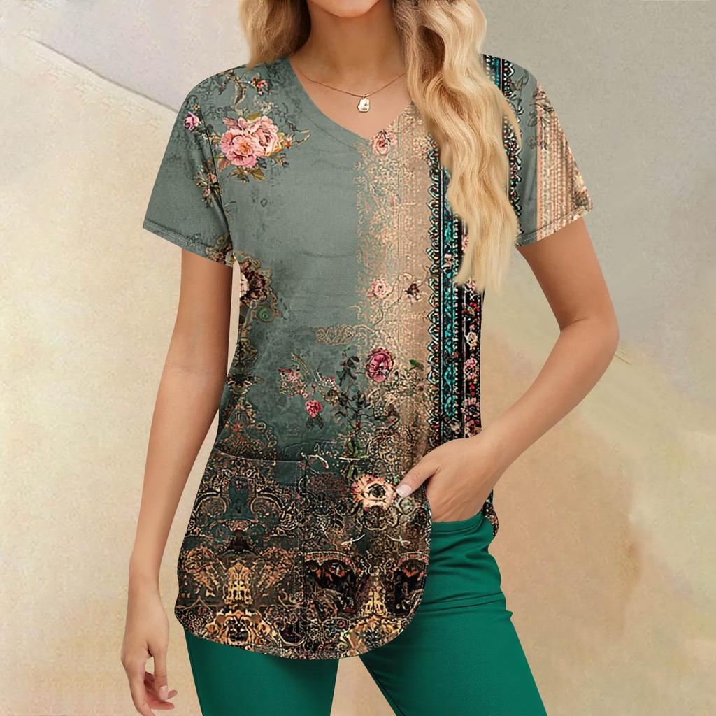 Plus Size Printed Scrub Working Uniform Tops For Women's V-Neck Print Short Sleeve Fun T-Shirts Workwear Tee With Pockets