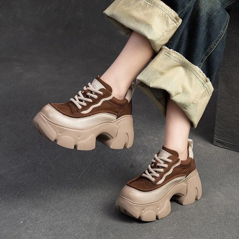 Johnature Туфли-лодочки для увеличения роста на толстой подошве, универсальные женские туфли на платформе в стиле ретро из натуральной кожи со шнуровкой