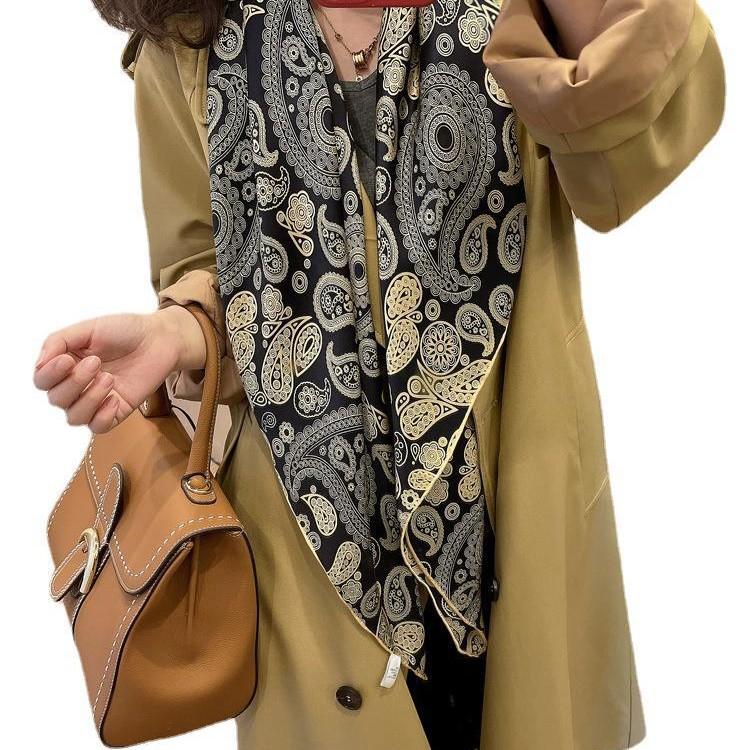 Silk Black Gold Cashew Silk Scarf Women'S Spring And Autumn Versatile Satin Square Scarf Mulberry Silk Silk Scarf Shawl