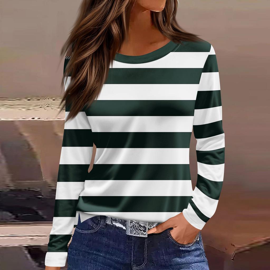 Women's Fashion Casual Slit Hem Round Neck Long Sleeve Loose Printed T-Shirt Ladies Top