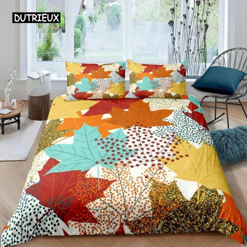 Maple Leaves Duvet Cover Set Colorful Autumn Season Maple Leaves In Unusual Designs Nature Print King Size 23pcs Bedding Set