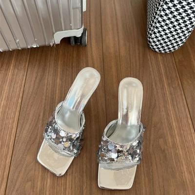 Модная обувь для женщин 2024 года, модные женские тапочки с мелким каблуком, новые модные тапочки с блестками, высококачественные женские туфли на квадратном каблуке Zapatos