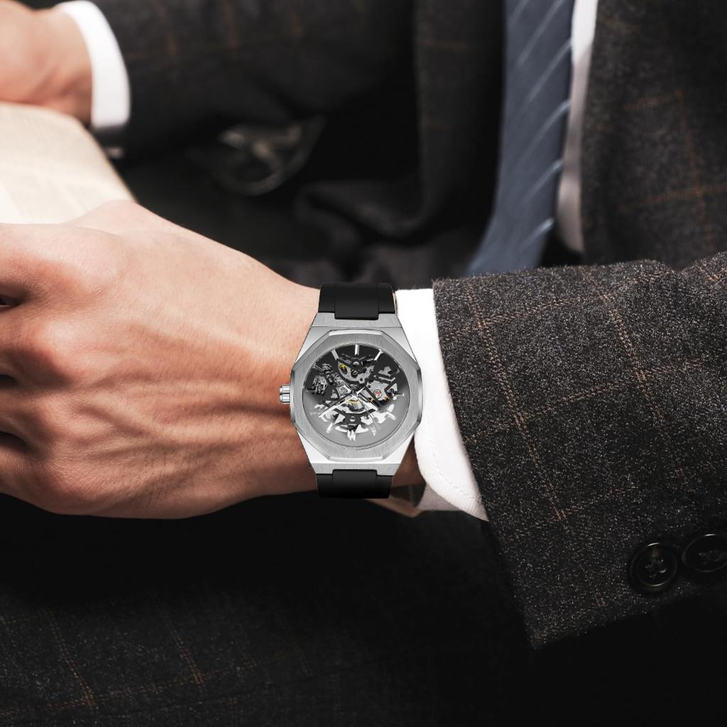 Мужские скелетонизированные автоматические механические часы BOLYTE со светящимися стрелками, черным силиконовым ремешком, восьмиугольным корпусом, серебристо-черные, в военном стиле