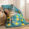 Glowing Night Light Blue Cat Blanket Soft Lightweight Flannel Throw with Sleeping Tabby Cat & Starry Night Design 3D Digital Print