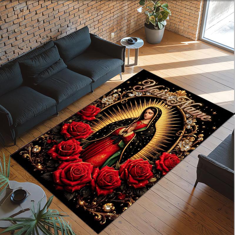 Virgin Mary Theme Crystal Velvet Rug Personalized Custom Name Text Soft Floor Mat Home Decor