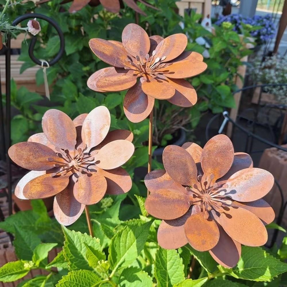 Cast Iron Flower Garden Stake Weathered Rust Finish Flower Yard Art Decor Rustic Plant Stakes Yard