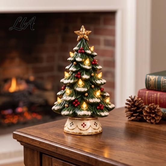 DIY Craft Art Ornament Lighted Christmas Tree Tabletop Decor, Resin LED Artificial Xmas Exquisite Holiday Party with Warm Glow, USB Powered