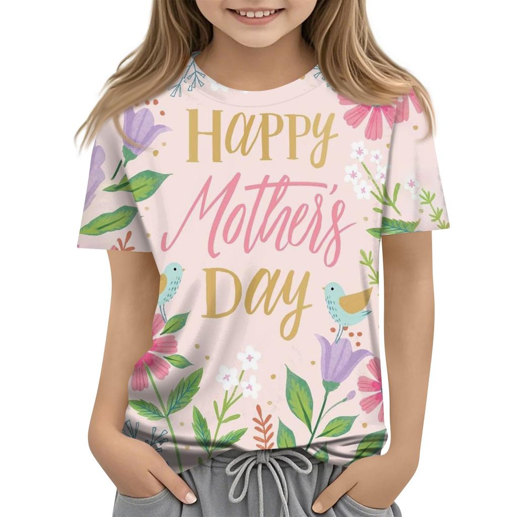Children's Fashion Casual Short Sleeve Mother's Day Printed Round Neck T-Shirt Top