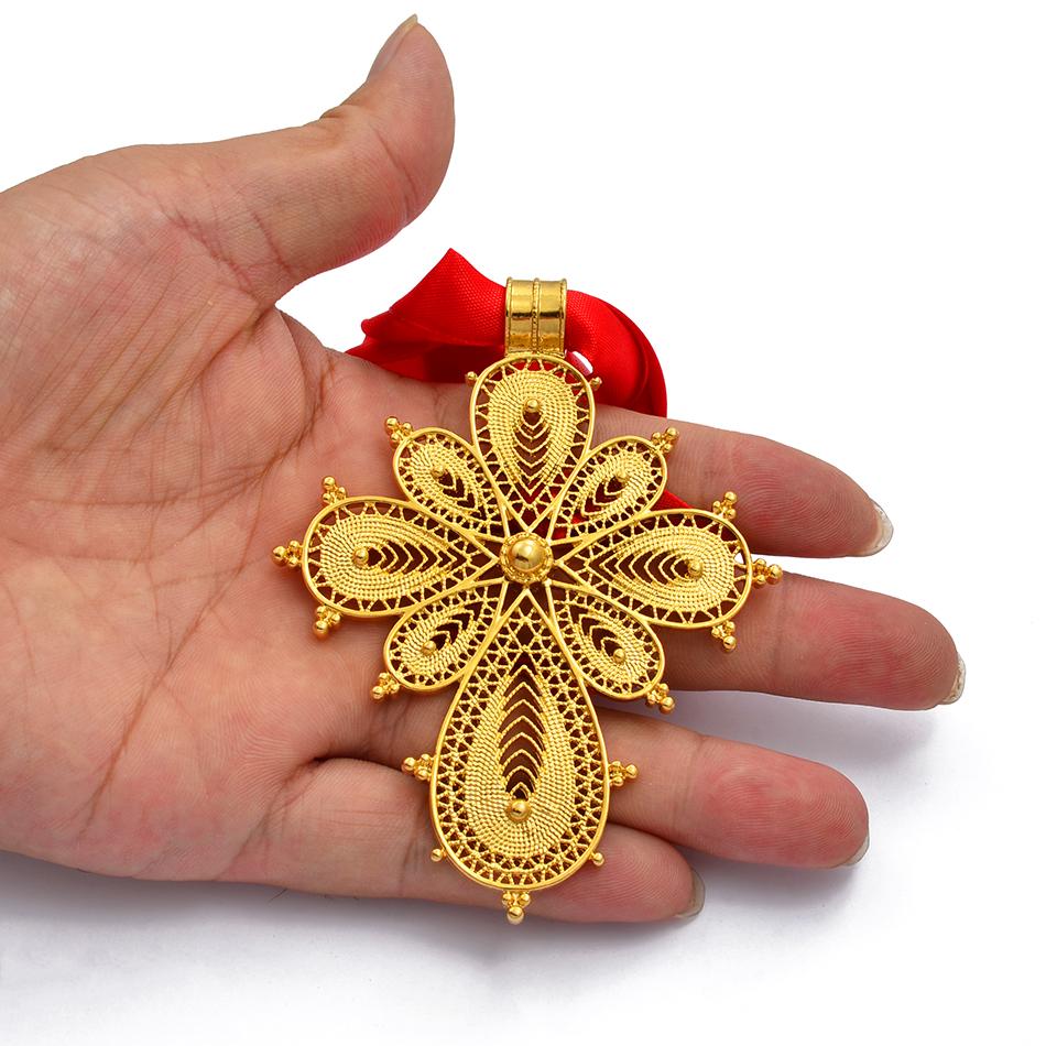Anniyo Ethiopian Cross Pendant DIY Rope Chain for Women Girls,Gold Color Eritrea Jewelry African Crosses @217006