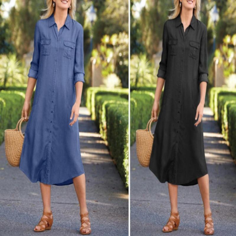 Модное элегантное винтажное джинсовое платье больших размеров, женское летнее повседневное платье с длинным рукавом и длинными рукавами, женское свободное платье миди с однотонными карманами 1004