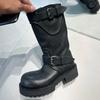 Paris Big Head Retro Thick-soled Medium Tube Martin Boots Women's Versatile Belt Buckle Western Boots Slimming Inner Heightening Locomotive Boots