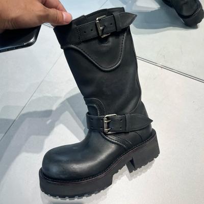 Париж большая голова ретро толстая подошва средняя труба ботинки Мартин женские универсальные пряжка ремня ковбойские сапоги стройнящие внутренняя платформа ботинки-локомотивы