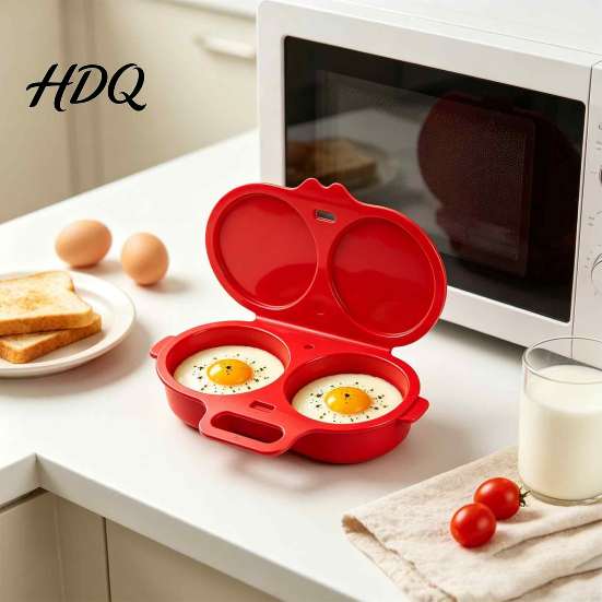 Omelette Maker for Breakfast Dual Cavity Microwave Egg Poacher with Lid & Handle Quick-Heat Steamer Food Grade Plastic Boiler 2 Eggs Oil-Free