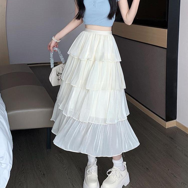 Юбки миди из сетки для женщин, чистая, сладкая, многоуровневая, принцесса, летняя, винтажная, французский стиль, элегантная, многослойная, с оборками, юбка-торт