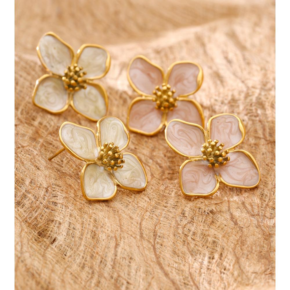 Yhpup 24*26mm Waterproof Stainless Steel Enamel Flower Stud Earrings for Women 16K Golden PVD Plated Exquisite Jewelry Gift