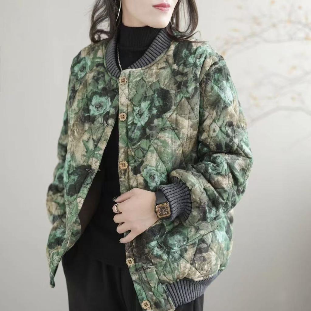 Women's Winter Loose Floral Padded Baseball Jacket Thickened Warm Cotton Coat Retro Printed