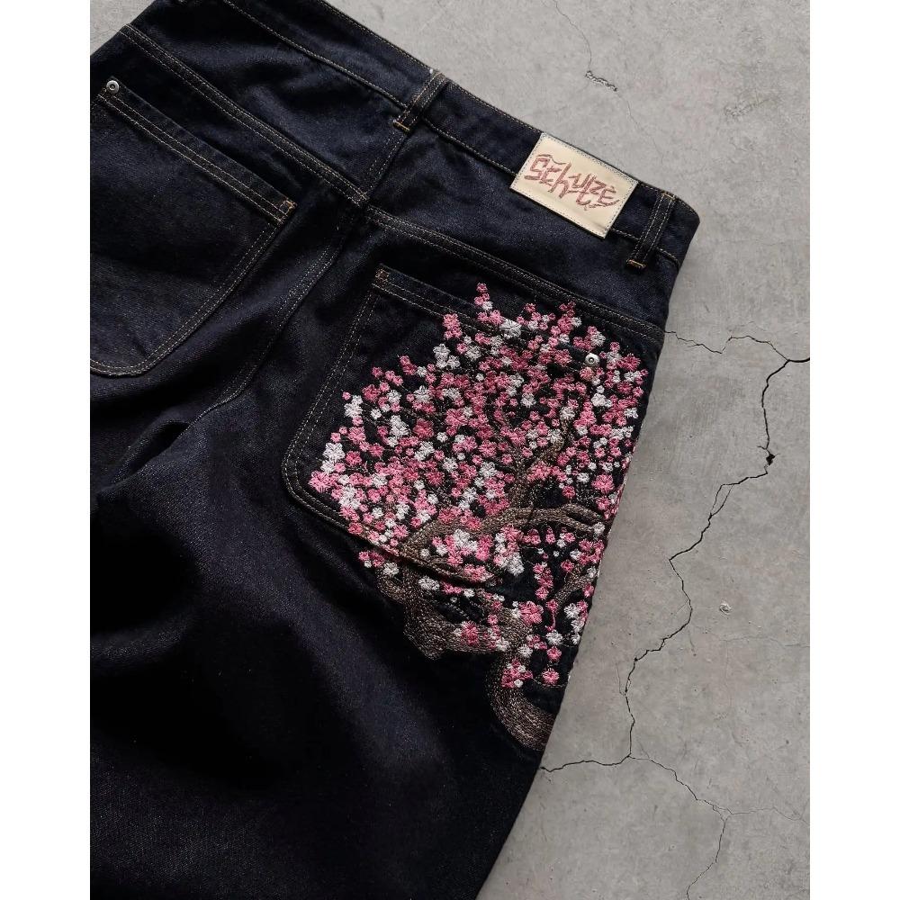 Джинсовые брюки с вышивкой Cherry Blossom Selvedge Y2k Retro Casual Baggy Wide Leg Jeans High Quality Hiphop Streetwear