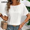 Women's Summer T-shirt Solid Colour Knitted Embroidery Hollow Stretch Bodycon Sleeve Short Sleeve Tops