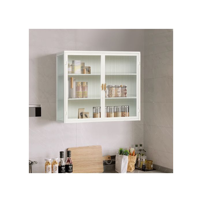 Armoire murale - MUVOE - 70 cm - Double porte vitrée - Blanc - 3 niveaux de rangement