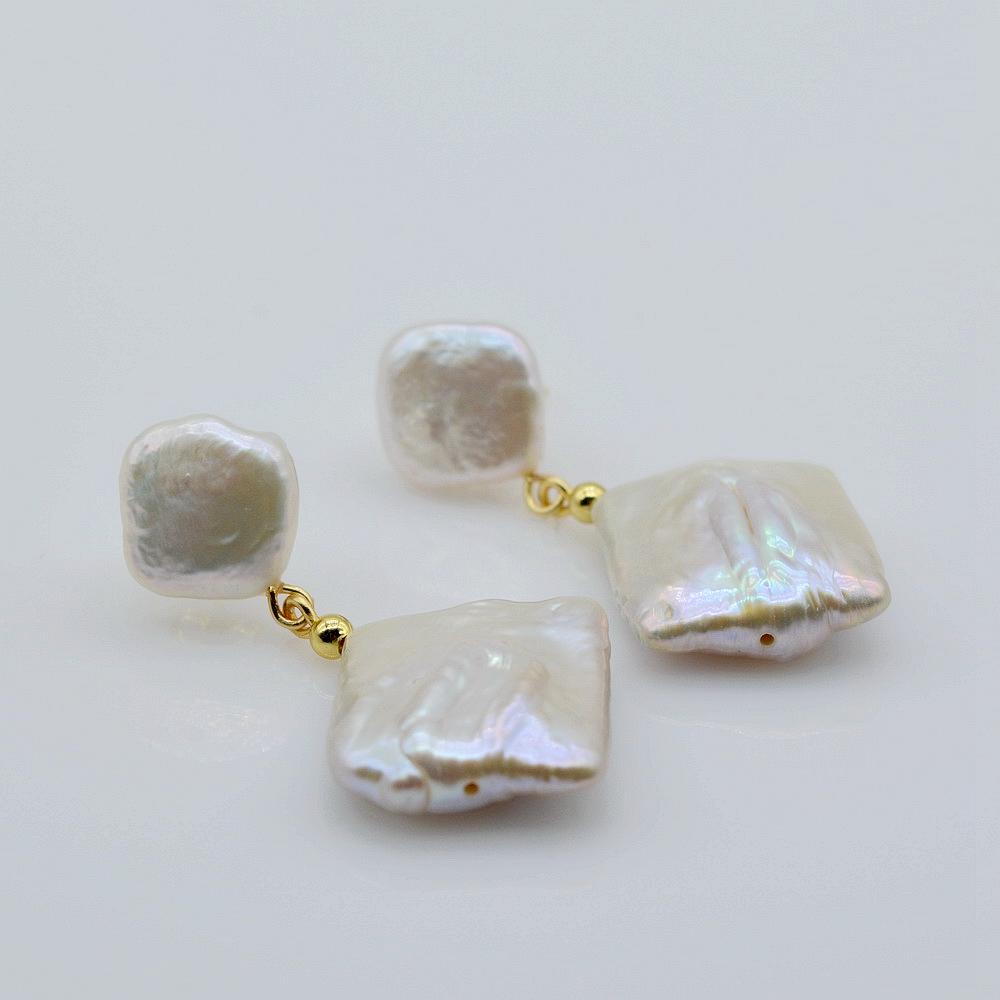 Геометрические серьги, белый натуральный пресноводный жемчуг, золотые серьги в стиле барокко, плоские квадратные серьги-капли, жемчужные серьги для женщин