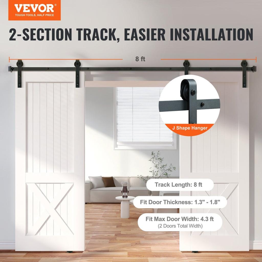 8FT Sliding Barn Door Hardware Kit, 330LBS Heavy Duty Barn Door Track Kit for Double Doors, Fit 3.7-4.3FT Total Wide and 1.3"-1.8" Thick 2 Door Panel,