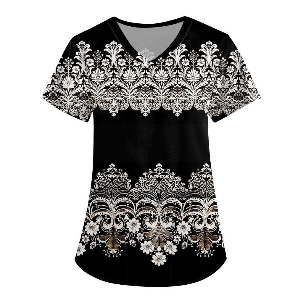 Women's Cute Printed Work Clothes V-neck Double Layer Pockets Basic Short Sleeve Top Pullover Valentines