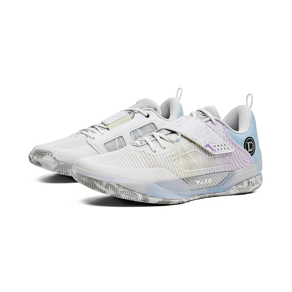 Li Ning Амортизирующие износостойкие низкие кроссовки для баскетбола с карбоновой пластиной Мужские Бело-фиолетово-синие ABAU031-17