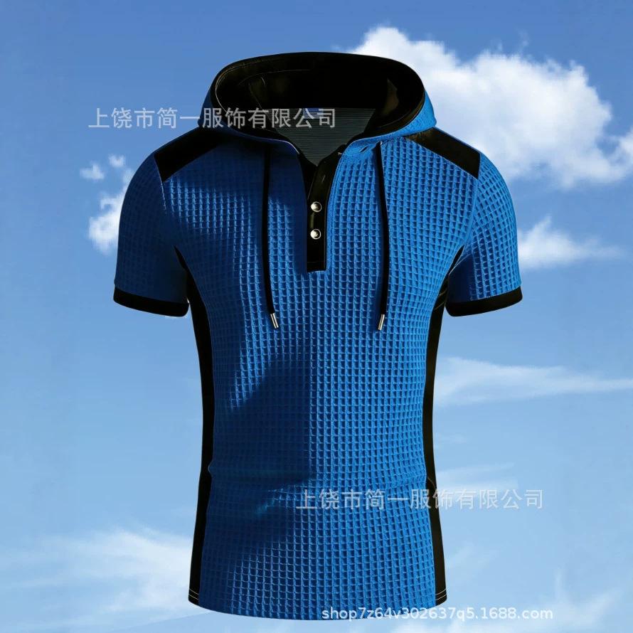 2026 summer new men's quick-drying sports and leisure hooded button short-sleeved t-shirt hooded short-sleeved